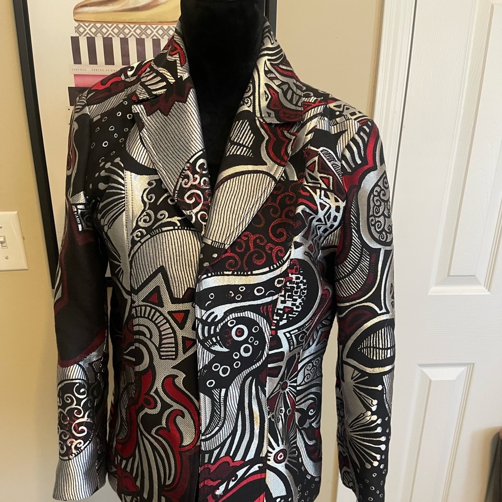 Chico’s cool and funky black, red and silver jacket